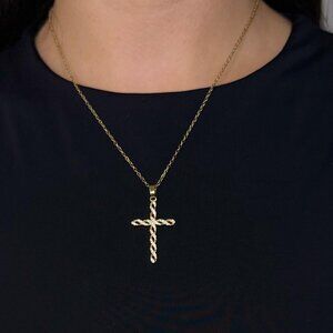 Gold Twisted Rope Cross Necklace | Christian Faith Pendant | Elegant Religious J